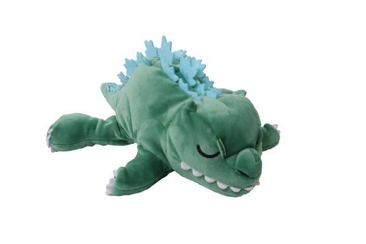 Green plush Godzilla with blue spikes.