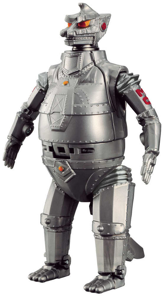 A metallic silver Mechagodzilla figure with red accents.
