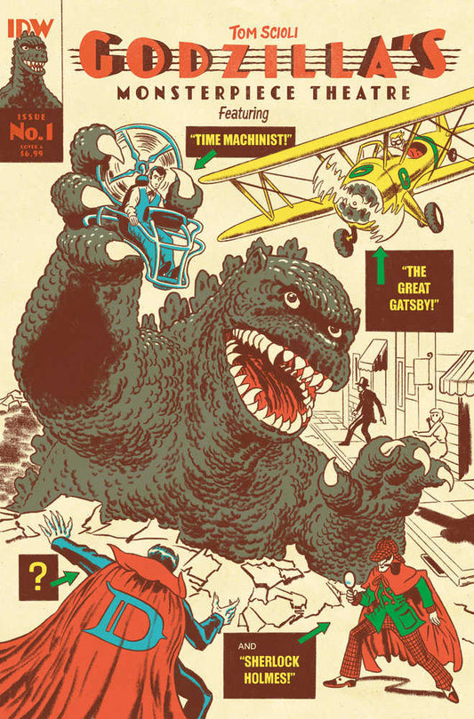 A comic book cover featuring Godzilla and various literary characters.