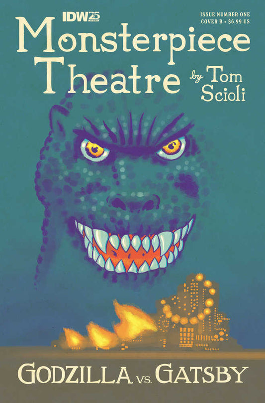 Comic book cover with Godzilla, city, and fire.
