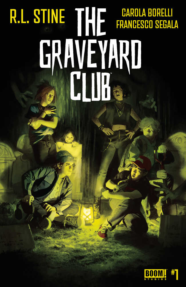 Comic book cover featuring a group of kids in a graveyard, illuminated by a lantern, under the title "The Graveyard Club."