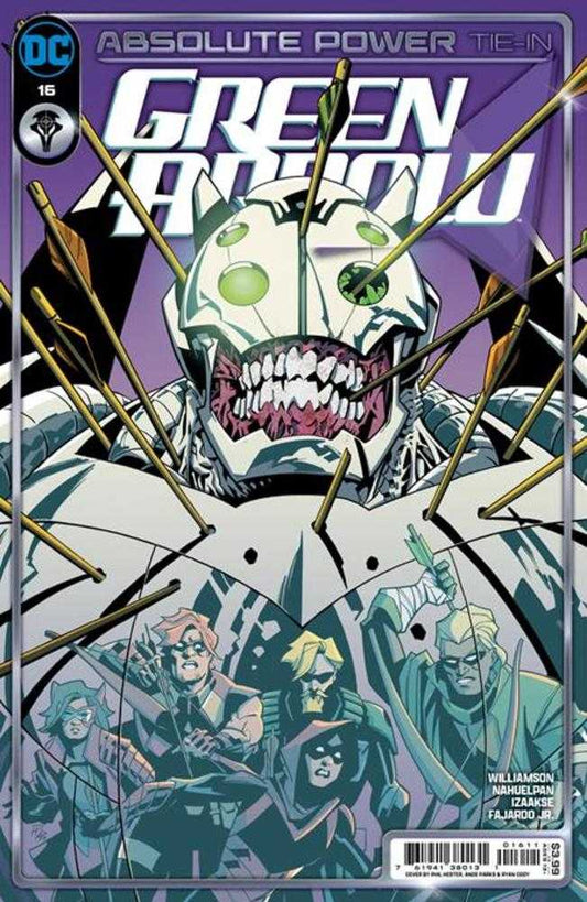Comic book cover: "Green Arrow #16, Absolute Power Tie-In." Features a large robotic head with glowing eyes, pierced by arrows. Below, several Green Arrow characters in various costumes are displayed.