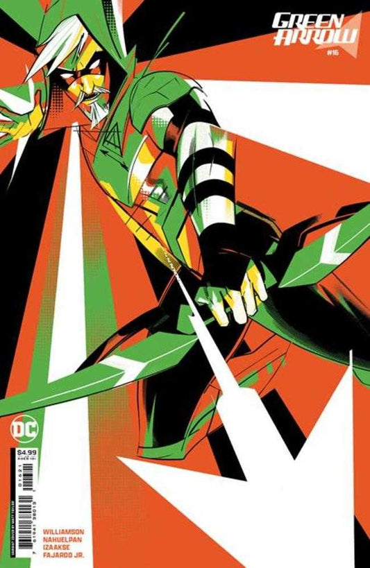 Comic book cover featuring Green Arrow, rendered in a stylized, geometric design with bold greens, oranges, and blacks. He is wearing his iconic green hooded costume, drawing back a white arrow on his bow. The title "Green Arrow" is in bold letters at the top.