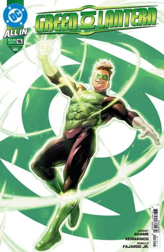 Green Lantern comic cover featuring a muscular, costumed superhero in mid-air. The background features green accents.