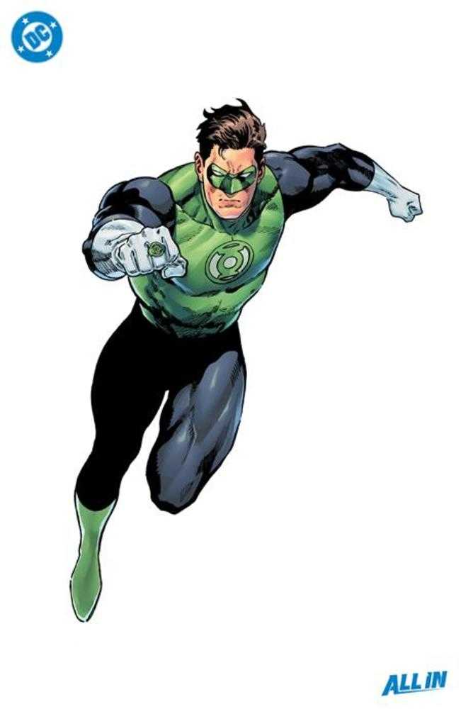 Green Lantern superhero in flight, wearing a green and black suit.