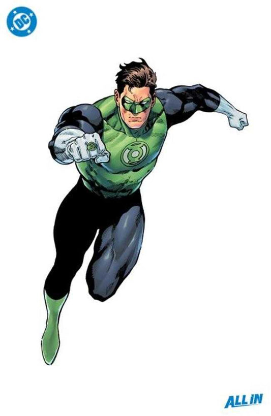 Green Lantern superhero in flight, wearing a green and black suit.