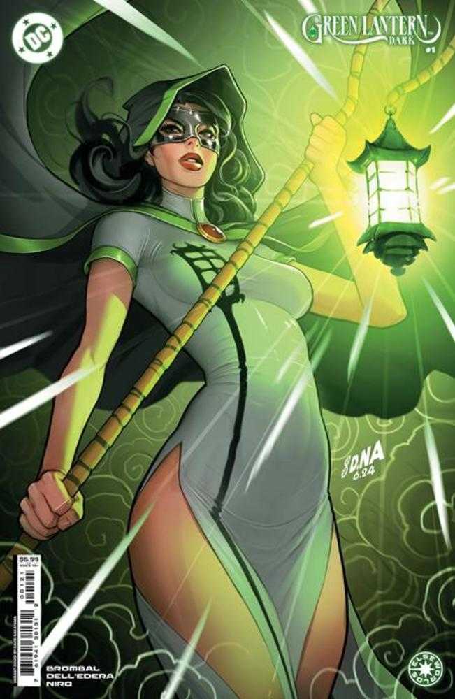Comic book cover featuring a woman in a green hooded outfit holding a lantern on a staff.