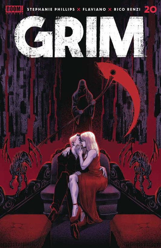 Comic book cover featuring a couple embracing, a Grim Reaper figure in the background, and skeletal horse-like creatures.