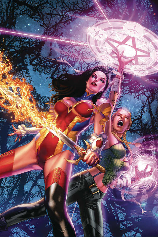 Comic book cover featuring Wonder Woman and another woman battling in front of a dark, tree-filled background. Wonder Woman wields a flaming sword and has a magical circle above her. The other woman appears to be casting a spell.