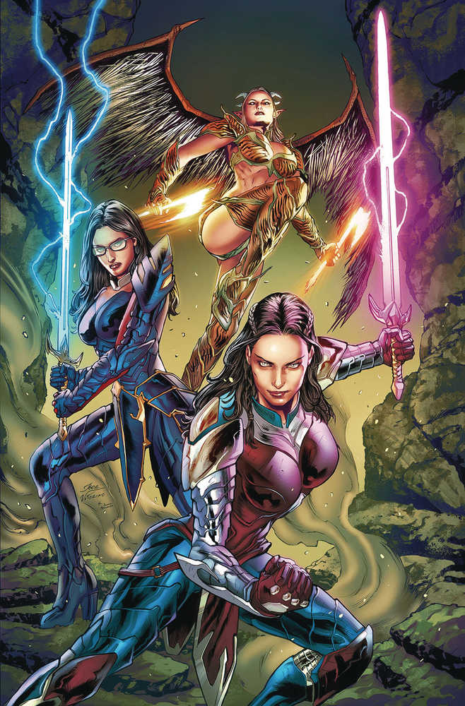 Three women in armor with swords. The woman in the center has wings.