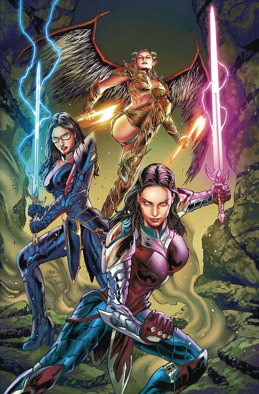 Three women in armor with swords. The woman in the center has wings.
