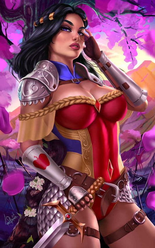 Illustration of a woman in fantasy armor with an apple motif, set against a vibrant pink and purple backdrop.