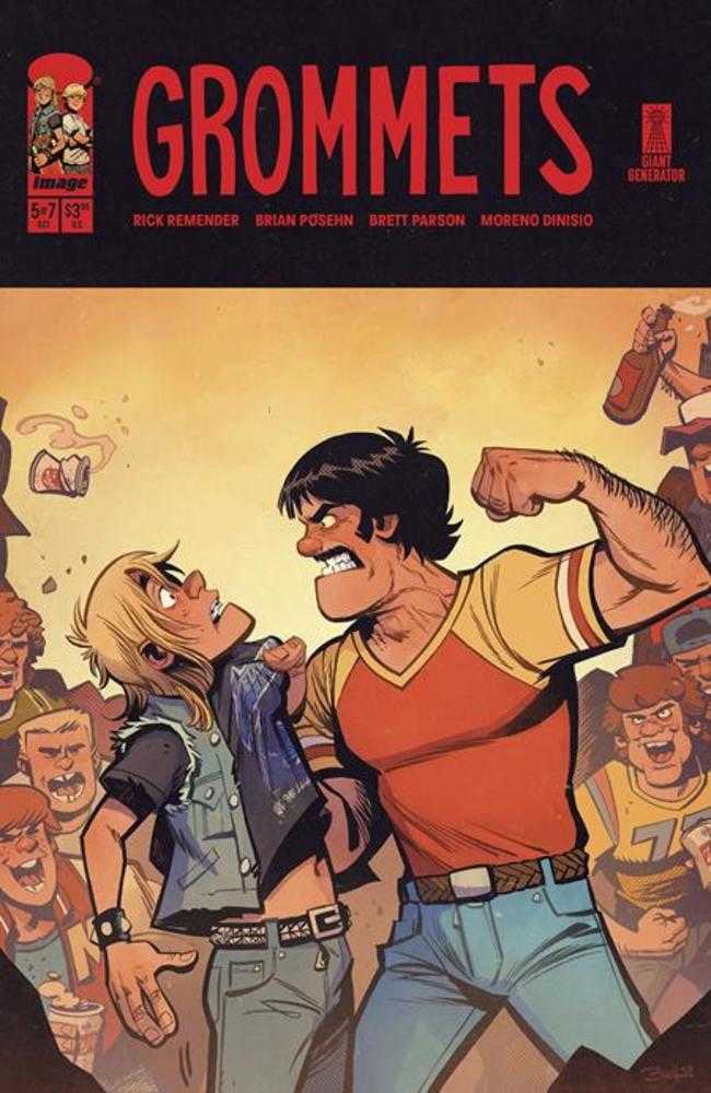 Comic book cover featuring an angry man threatening a blond teenager, with an audience in the background.