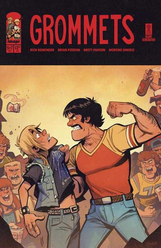 Comic book cover featuring an angry man threatening a blond teenager, with an audience in the background.