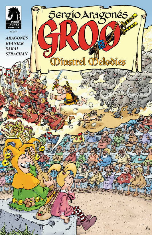Comic book cover featuring "Groo" with a swordsman, soldiers, elephants, spectators, and musicians.