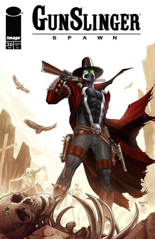 Comic book cover with Gunslinger Spawn character. The character wears a black and white mask, red cape, brown hat, and belt with skull buckle. In the background are skeletons and flying birds.