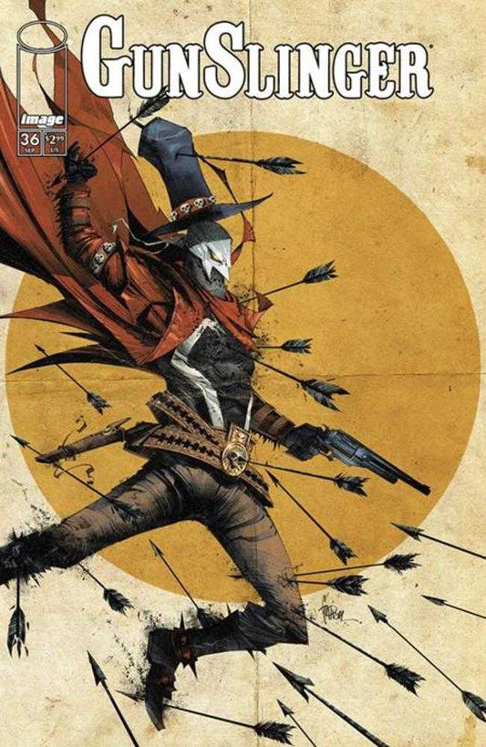 Comic book cover featuring Gunslinger Spawn being hit by arrows against a yellow circle background.
