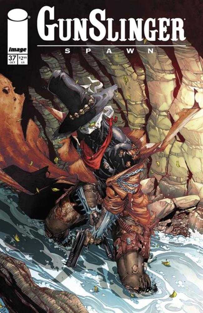 Comic book cover: Gunslinger Spawn character in a hat and red scarf, standing in water, holding a gun.