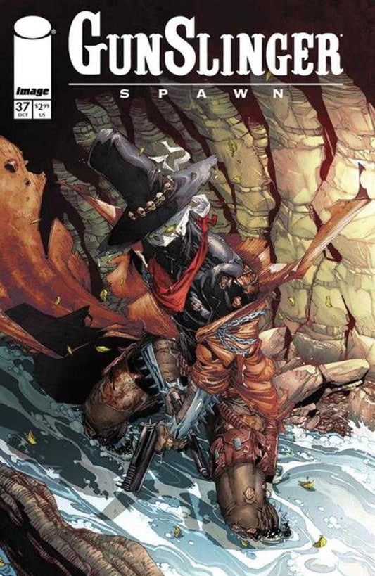 Comic book cover: Gunslinger Spawn character in a hat and red scarf, standing in water, holding a gun.