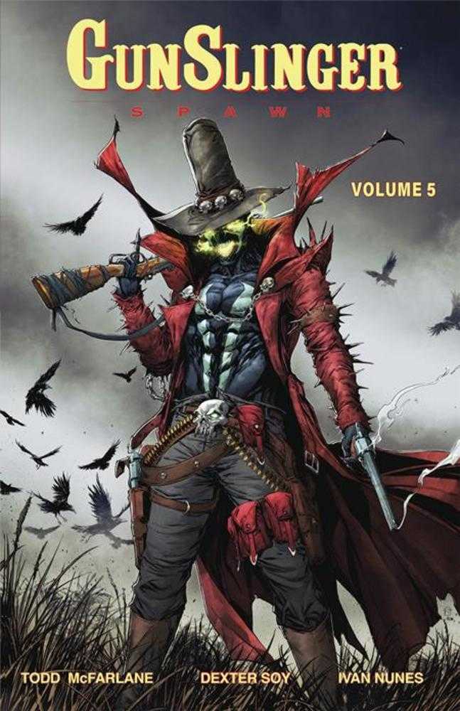 Comic book cover art of Gunslinger Spawn, Volume 5. The character wears a red coat and a tall hat with skull embellishments, and holds a rifle. Crows fly around him.