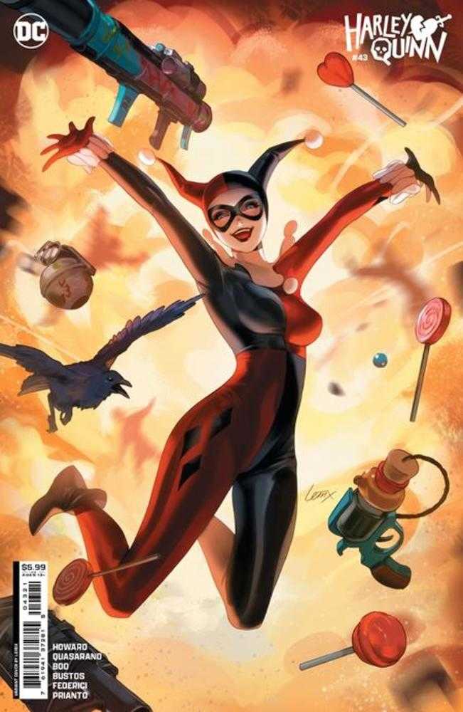Comic book cover featuring Harley Quinn with weapons and candy.