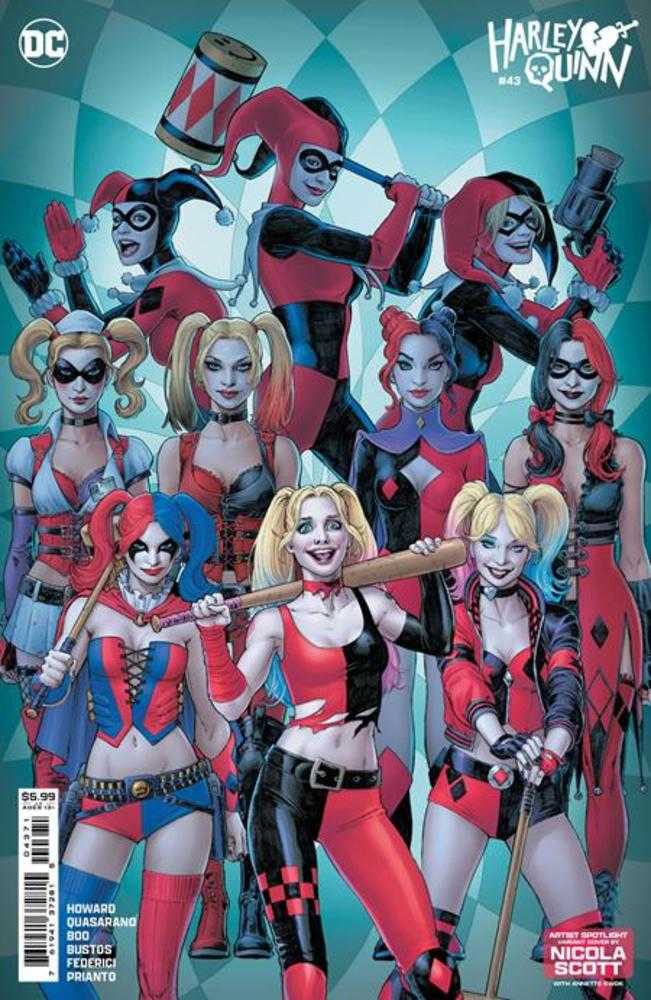 Comic book cover with numerous versions of Harley Quinn in red and black.
