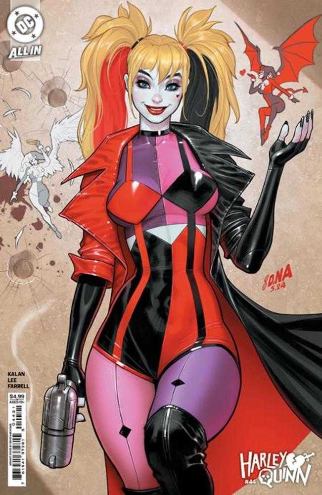 Comic book cover featuring Harley Quinn in a red, black, and purple costume, holding a gun and reaching out her hand to a small winged devil character.