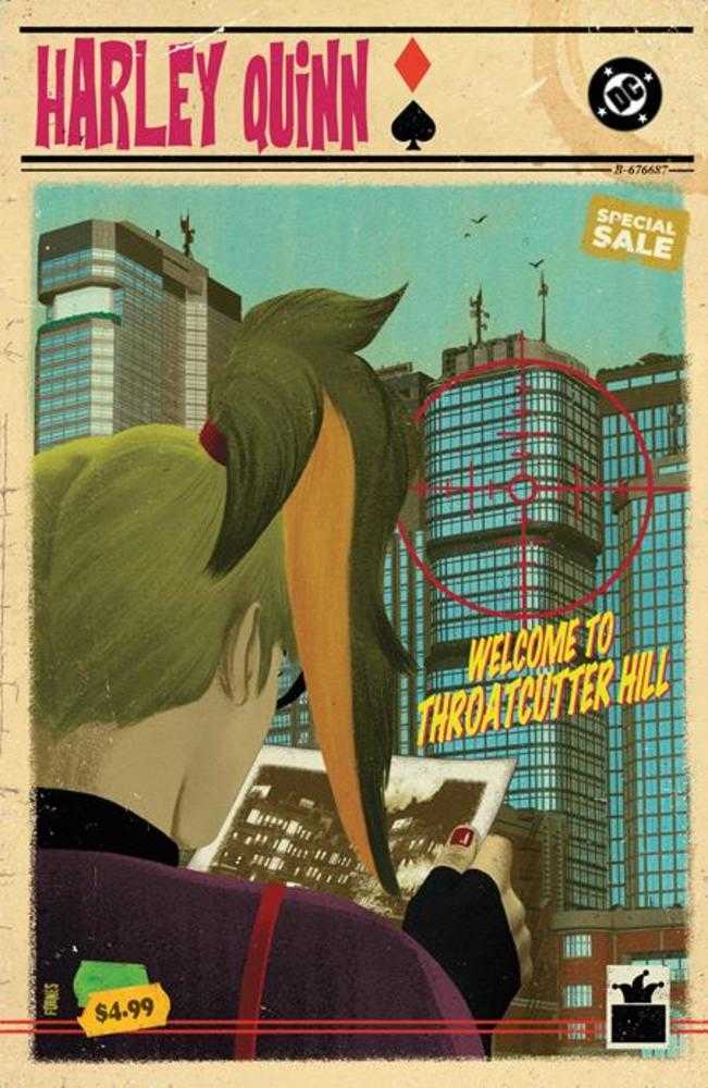 Comic book cover featuring Harley Quinn, with buildings, text reading "Welcome to Throatcutter Hill," and a price tag.