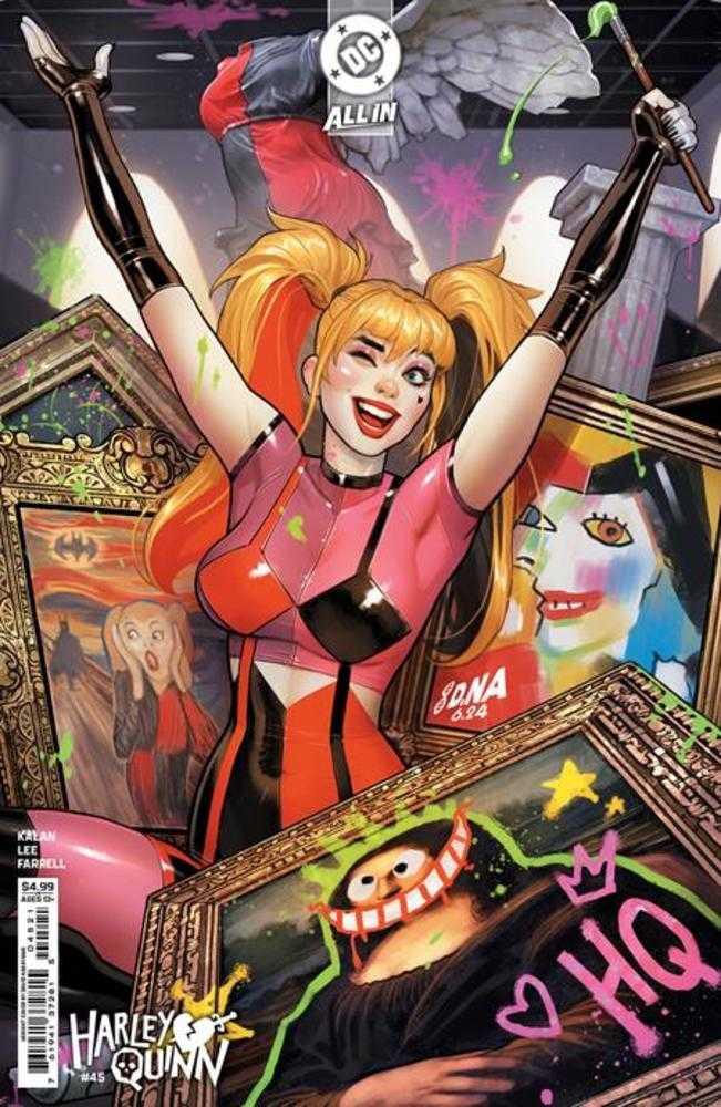 Comic book cover featuring Harley Quinn surrounded by altered famous paintings.