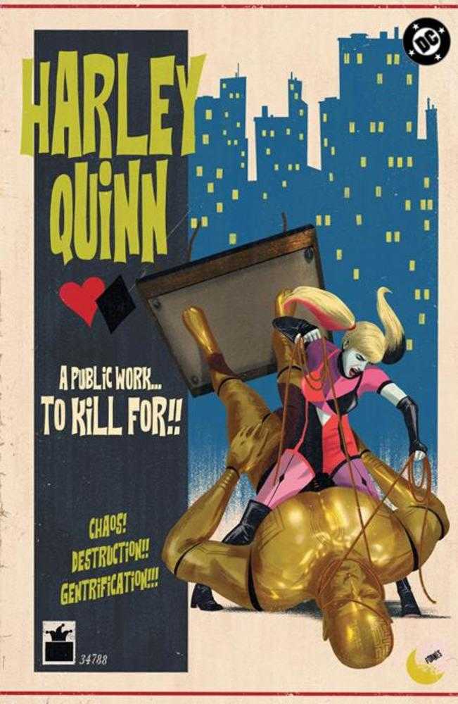 Comic book cover featuring Harley Quinn straddling a golden statue. Quinn wears a pink and black costume. A city skyline appears in the background.