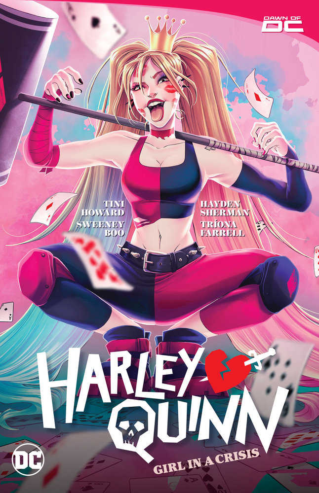 Comic book cover with Harley Quinn in her classic red and black outfit, complete with a crown, lipstick stains on her face, and playing cards scattered around.
