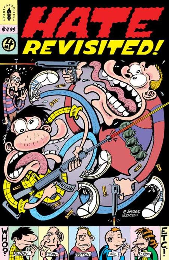 Comic book cover with cartoon characters holding guns and a chaotic scene. Title: Hate Revisited. Price: $4.99. Below, a line of character headshots labeled Buddy, Jay, Butch, Hal, and Lisa.