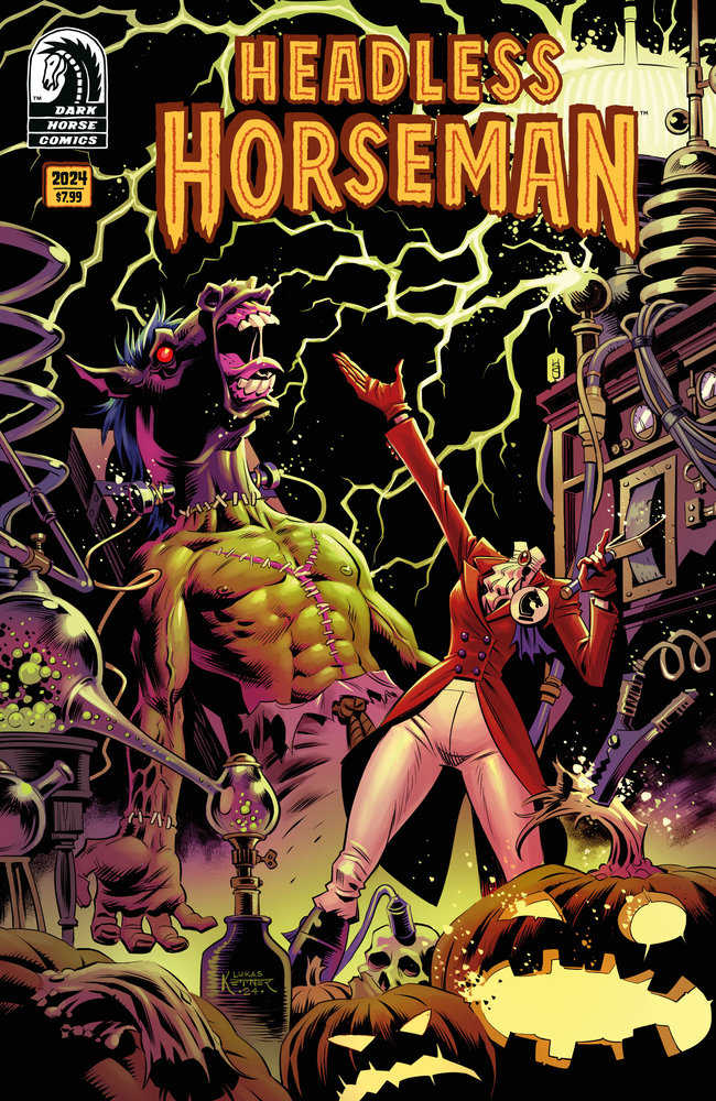 Comic book cover: "Headless Horseman." Green-skinned, stitched horse creature. Man in red jacket, white pants. Halloween pumpkins. Electric equipment.