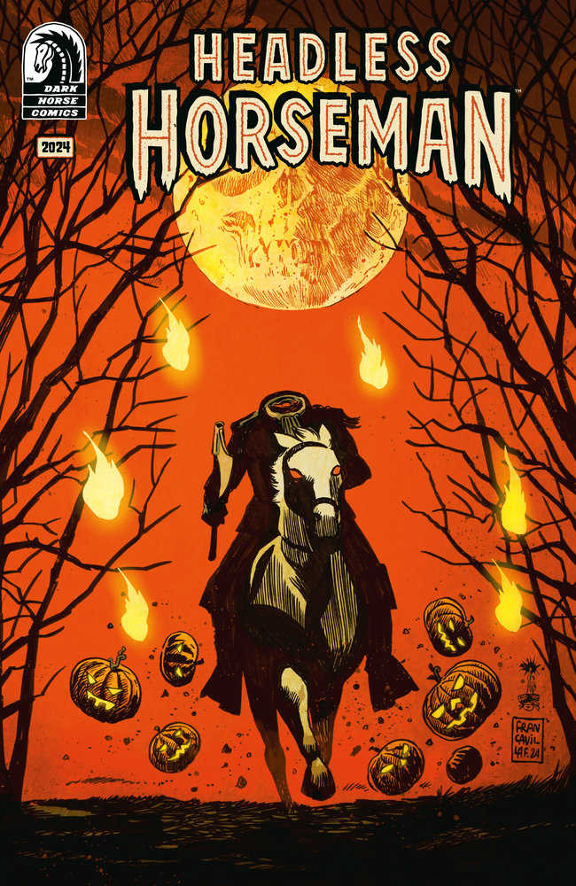 Comic book cover with a headless horseman riding a pale horse against a full moon backdrop, surrounded by flaming pumpkins and bare trees. Dark Horse Comics logo in the corner.