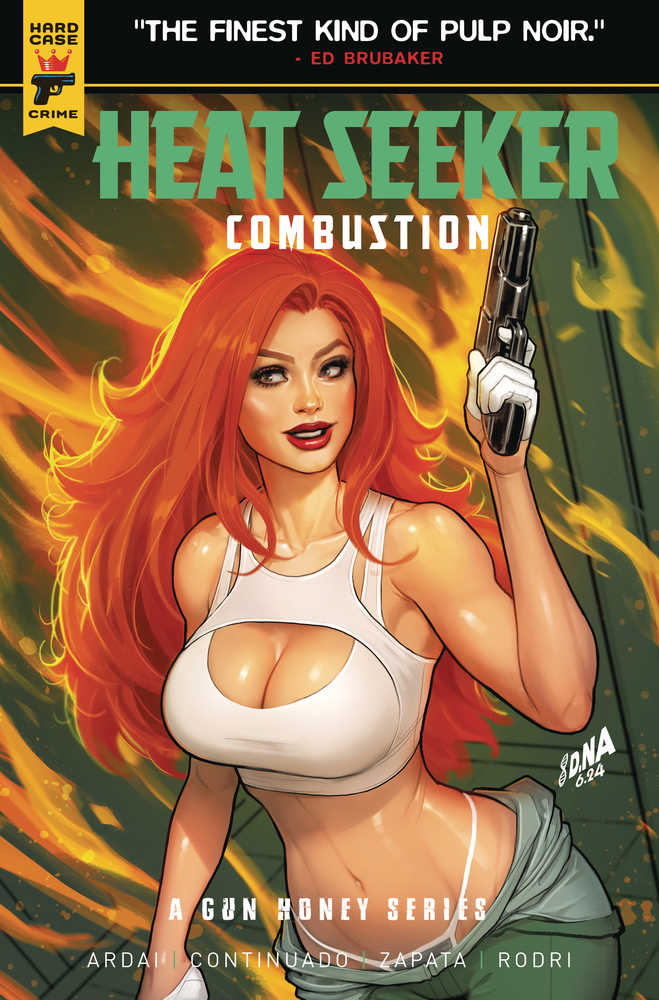 Comic book cover featuring a red-haired woman in a white top holding a gun.