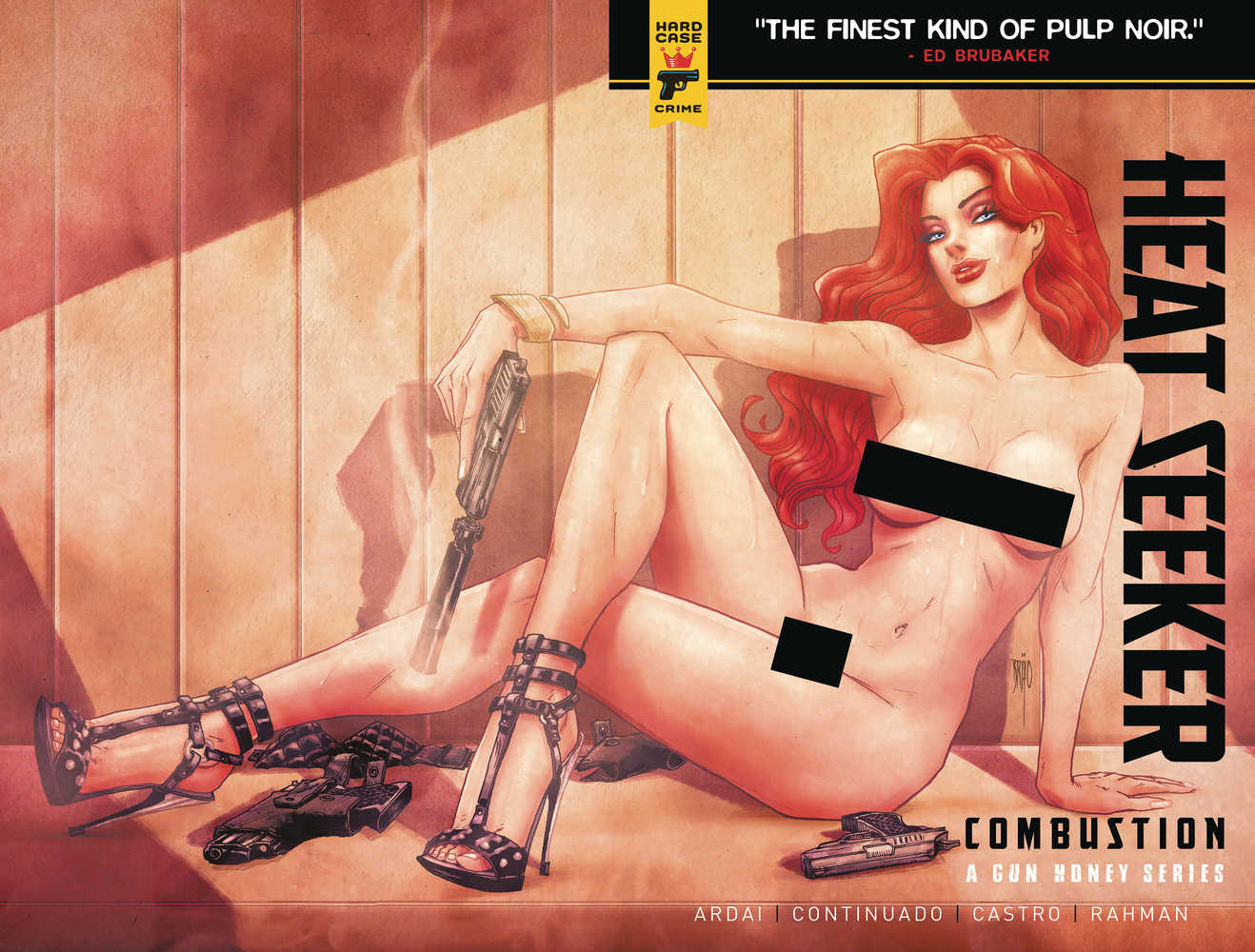 Comic book cover with a red-haired woman, guns, and black censor bars.
