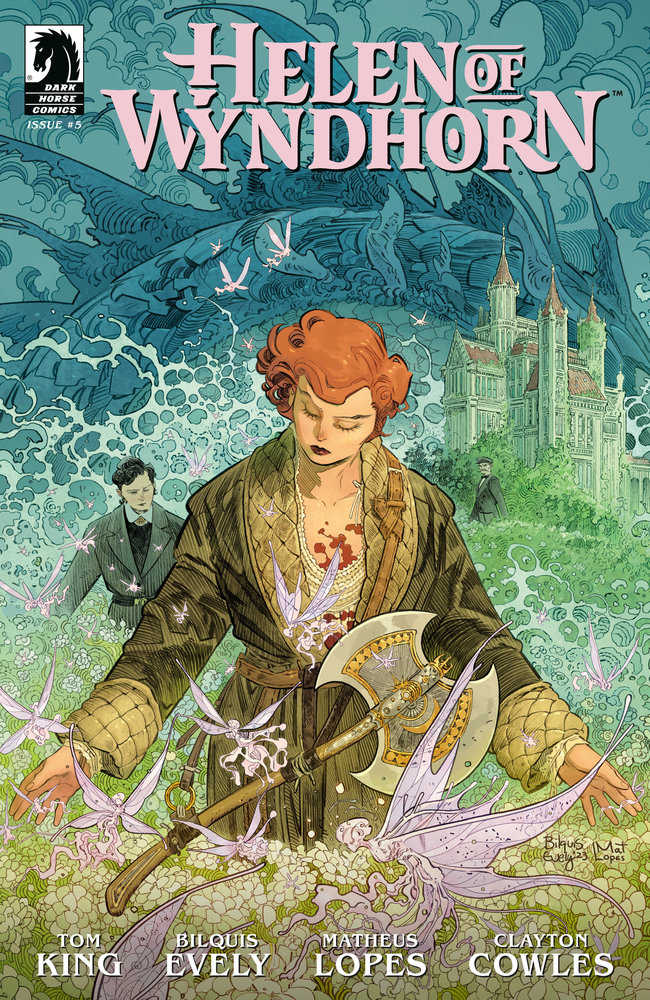 Comic book cover featuring a woman in a robe holding an ax surrounded by fairies.