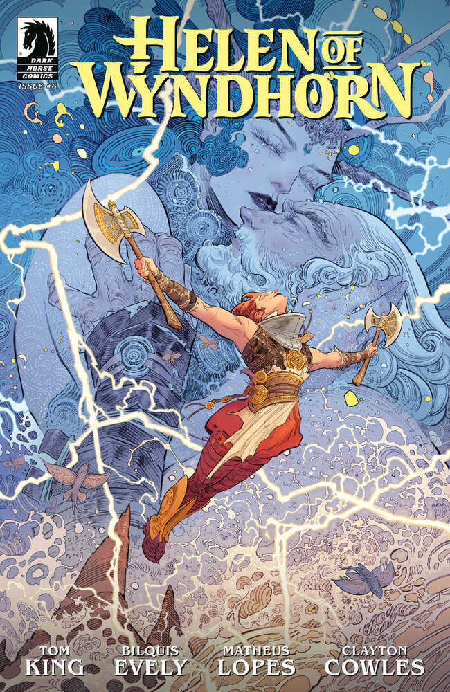 Comic book cover featuring a woman wielding axes, set against a blue fantasy backdrop with a sleeping woman.
