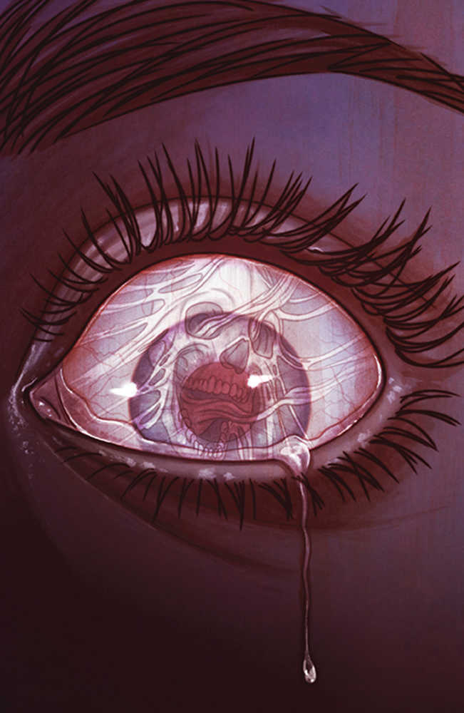 Close-up illustration of a crying eye with a skull reflection.