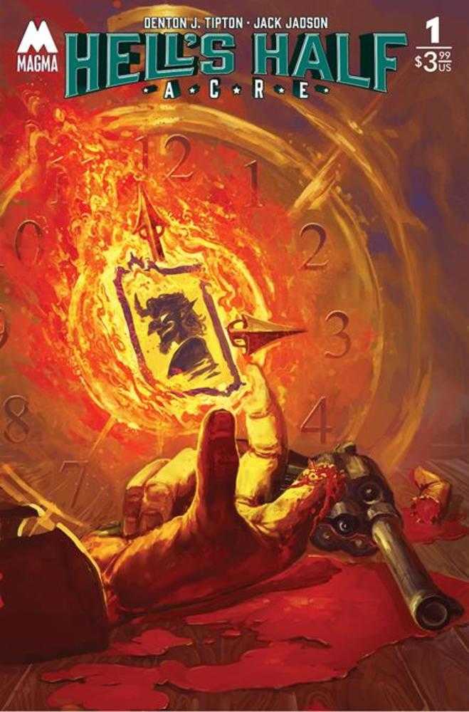Comic book cover, “Hell’s Half Acre,” blood, gun, playing card.