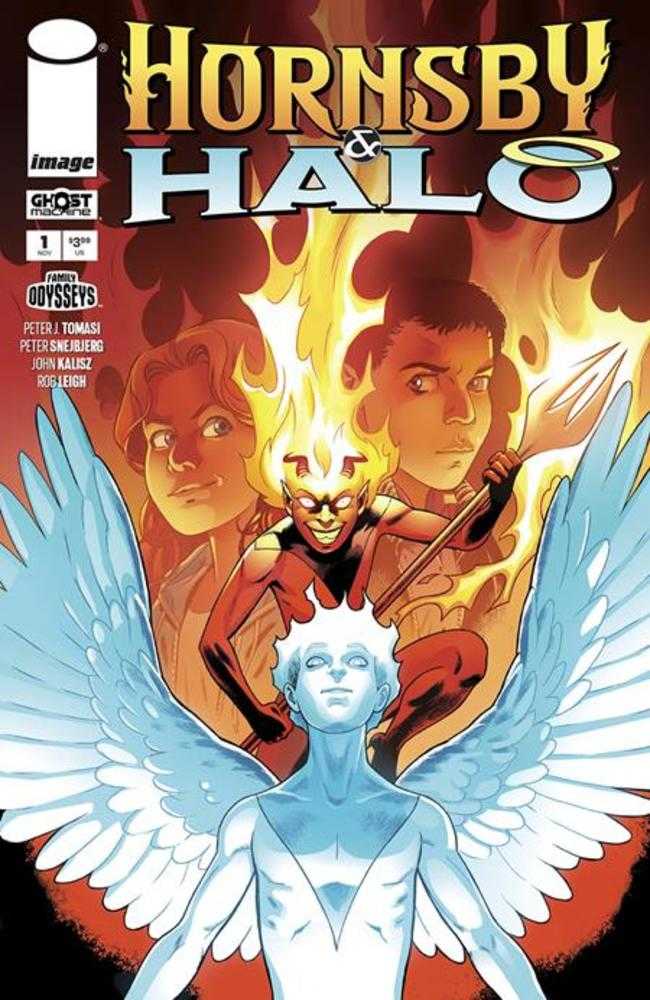Comic book cover featuring a group of children. One with fiery hair and a trident, another with wings. Titled, "Hornsby Halo."