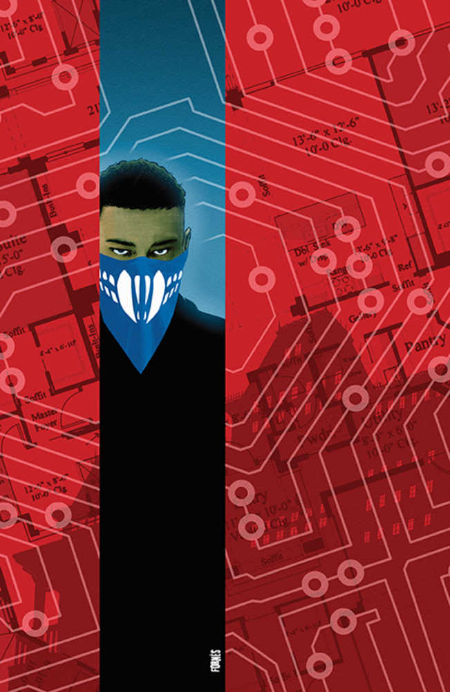 Product image of a man with a blue mask with white teeth-like designs, set against a red background with circuit board-like patterns and building plans.