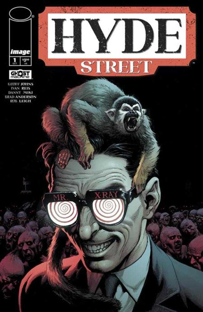Here is an appropriate alt tag for the image:

Comic book cover for Hyde Street, featuring a man with "Mr. X-Ray" glasses and a monkey on his head, surrounded by zombies. 
