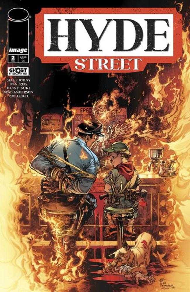 Comic book cover: "Hyde Street," featuring a bound police officer, a boy with a backpack, and a dog in flames.