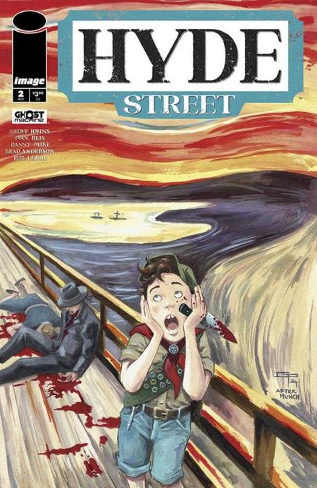 Comic book cover featuring a scout holding a bloody knife in a scene inspired by Edvard Munch's "The Scream."
