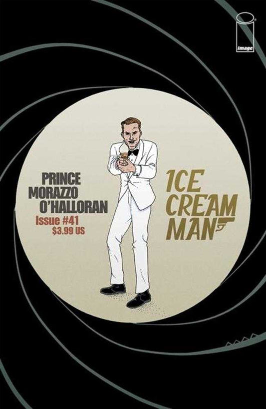Comic book cover. “Ice Cream Man” in gold letters. Man in a white suit and bow tie holding a treat. The cover evokes James Bond.
