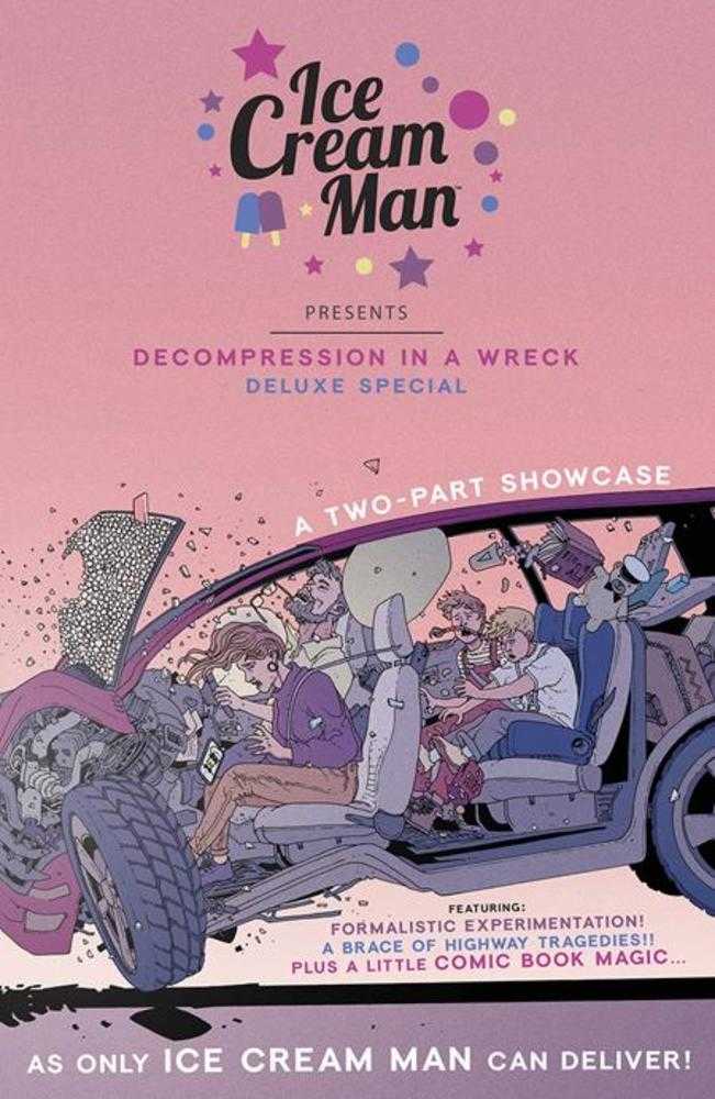 Comic book cover with people in a car wreck.