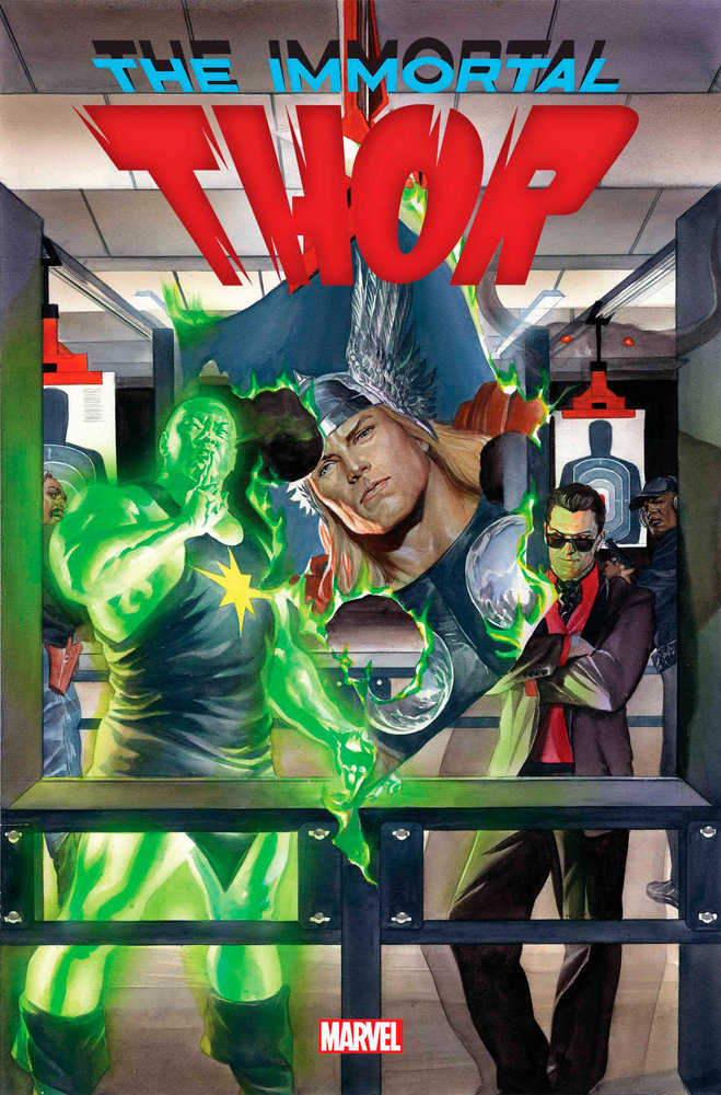 Comic book cover of "The Immortal Thor". Thor in a winged helmet, a glowing green man, and men in suits. Marvel logo at the bottom.