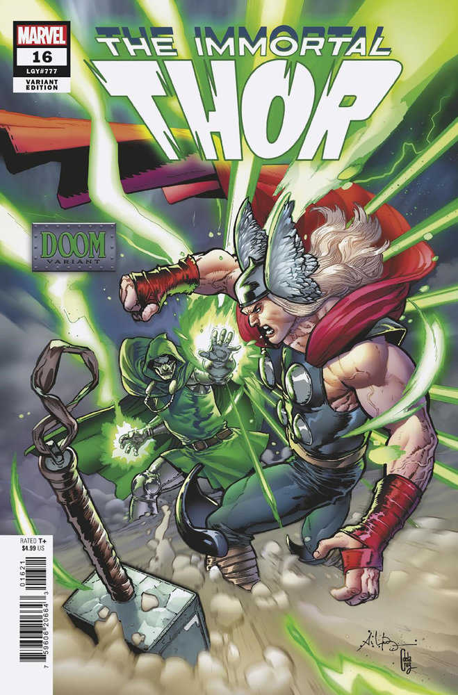 Comic book cover featuring Thor and Doctor Doom. Thor has a winged helmet, red cape, and gray armor. Doctor Doom wears a green cloak and metal mask. Green energy surrounds them.