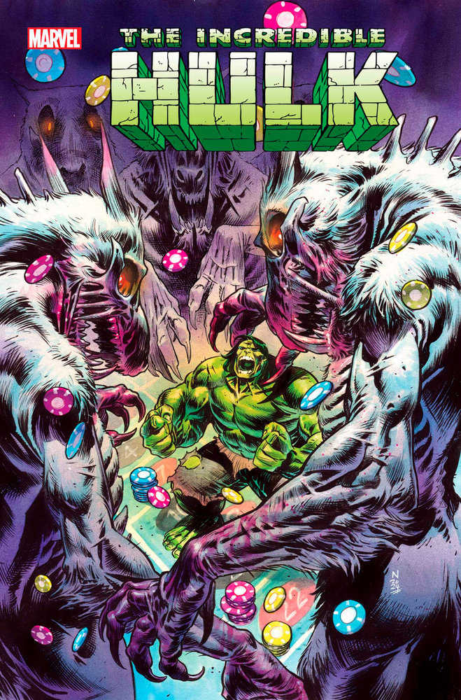 Comic book cover with the Incredible Hulk surrounded by monsters and casino chips.